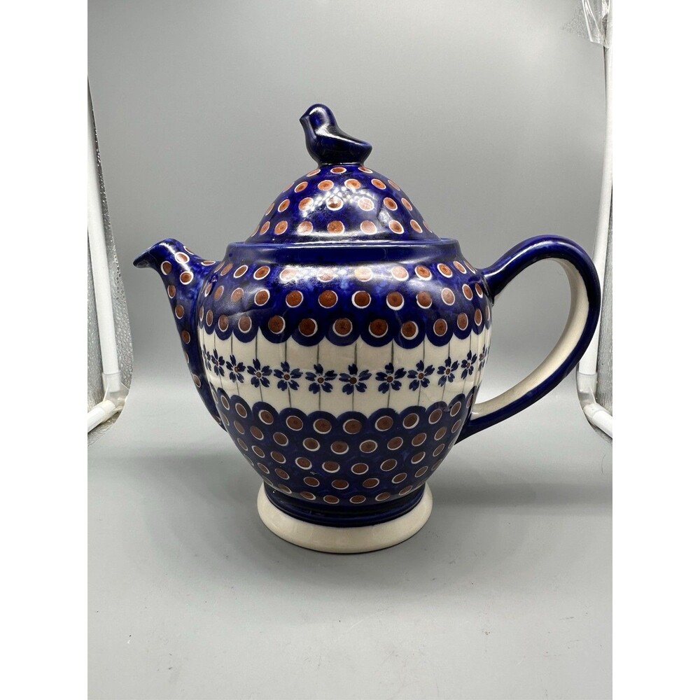 Boleslawiec Polish Pottery Teapot Red Peacock Eye Bird Finial Lid Large 9”